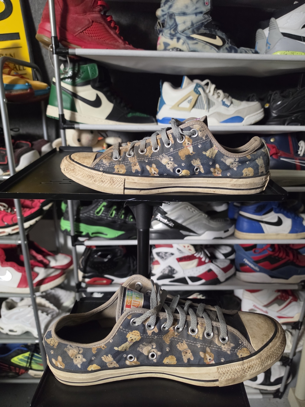 🔥 Converse Black Canvas Low-Tops with Tan Rainbow Puppy Print Men Size 10.5